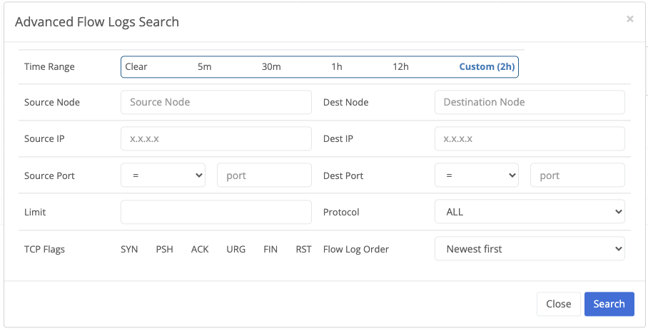 Dialog showing the various search filter parameters available in advanced search.