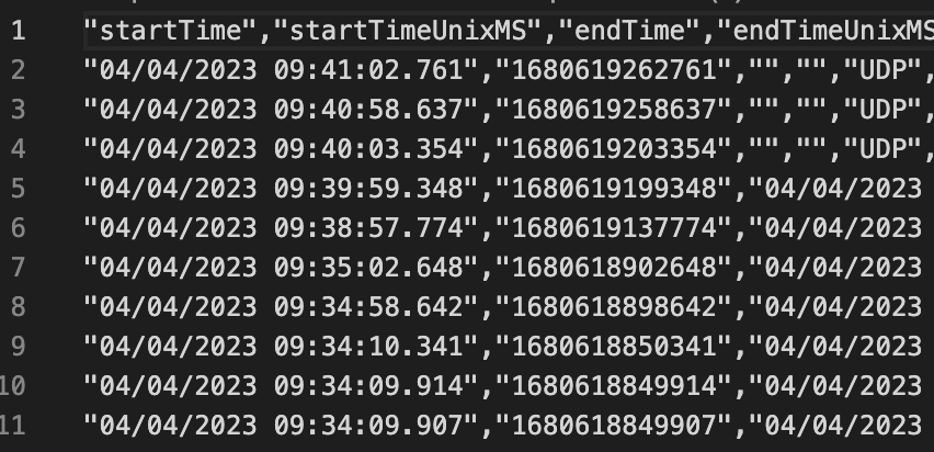 text CSV export example showing 'startTime' and 'startTimeMS' fields